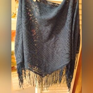 Blue Crochet Fringe Shawl